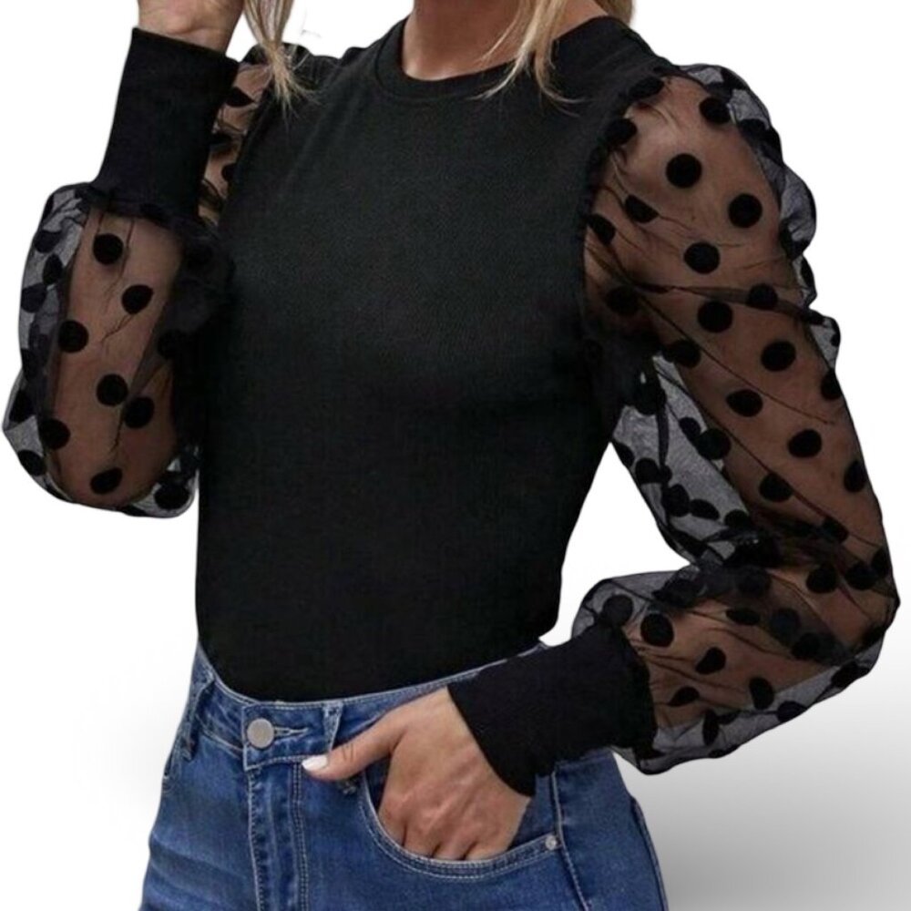 SheIn Sheer Polka Dot Mesh Puff Long Sleeve Top Womens XS Black Whimsigoth Fairy